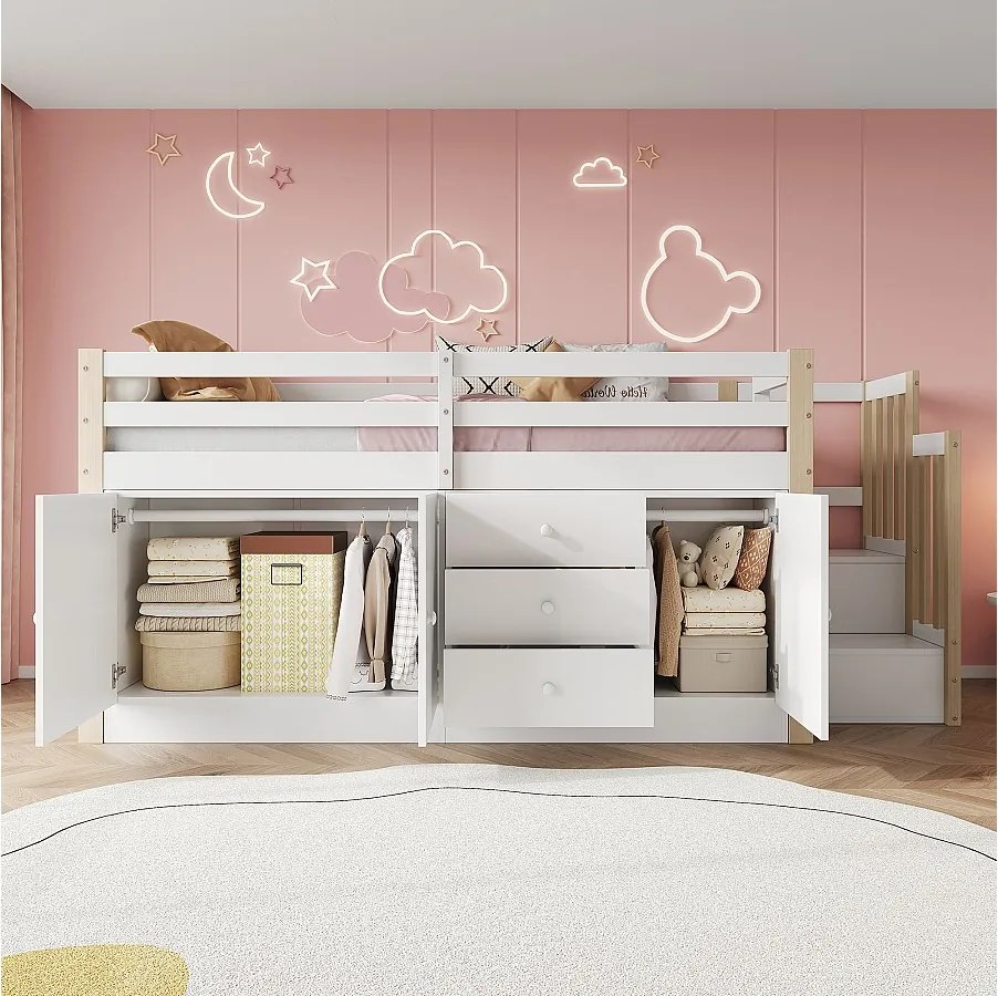 Łóżko dziecięce średniej wysokości - 90 x 200 cm - ze schodami + 3 szuflady - 2 szafy - białe