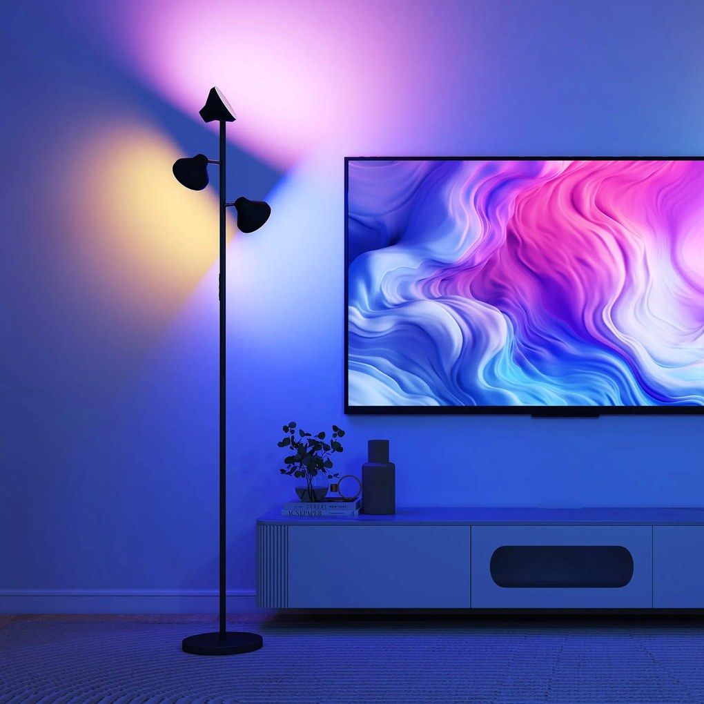 HOMCOM Lampa stojąca ściemnialna z lampką do czytania, zmiana koloru RGB, pilot, sterowanie dotykowe, 3 obrotowe głowice Czarny