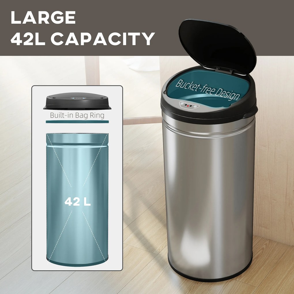 HOMCOM 42 L Kosz na śmieci z sensorem i funkcją Soft-Close, bezdotykowy kosz ze stali nierdzewnej do higienicznej kuchni