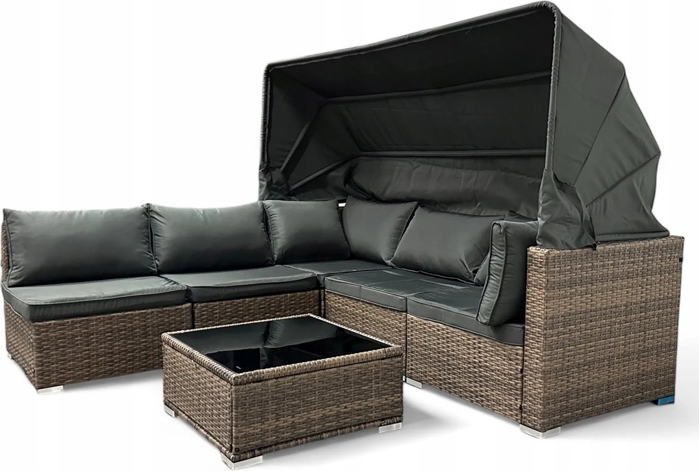 Wielofunkcyjny zestaw mebli ogrodowych - narożnik, leżanka z daszkiem Galicja 101 jasny brąz, poduszki szare