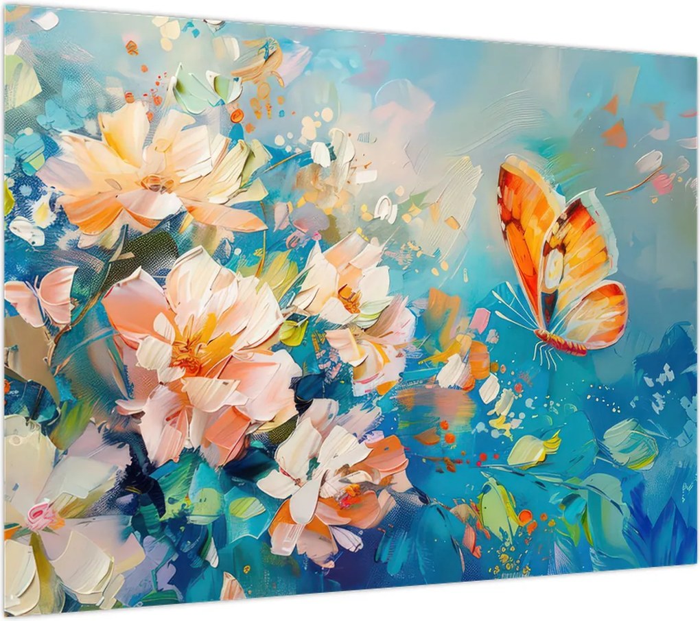 Obraz na szkle - Motyl i kwiaty, obraz olejny II. (70x50 cm)