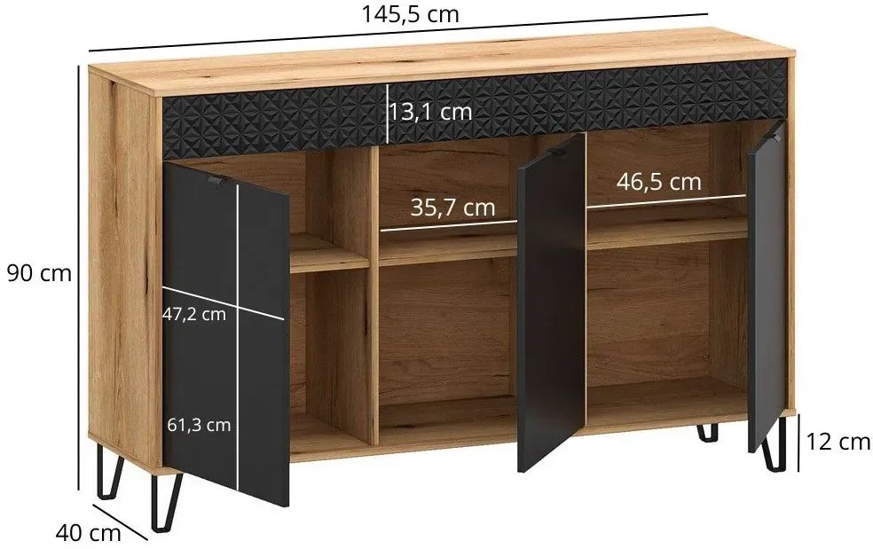 Komoda trzydrzwiowa na nóżkach dąb evok + czarny P7-M65