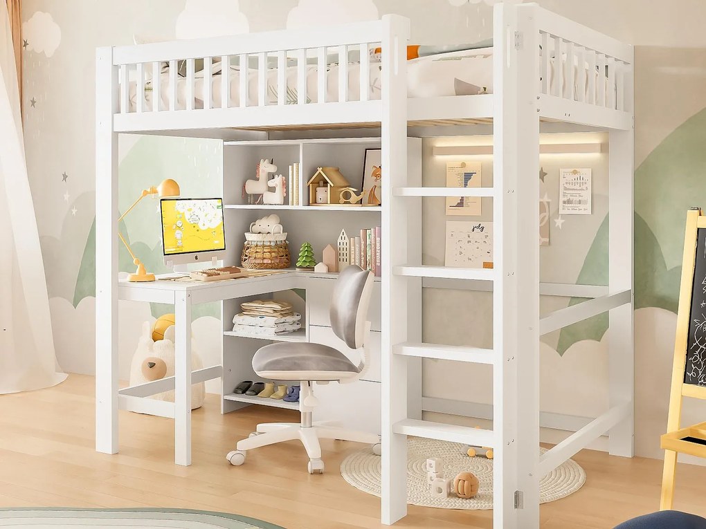 Łóżko na antresoli 90x200 cm - liczne schowki - z drabiną + biurkiem - z 3 szufladami - biały (materac nie jest dołączony)