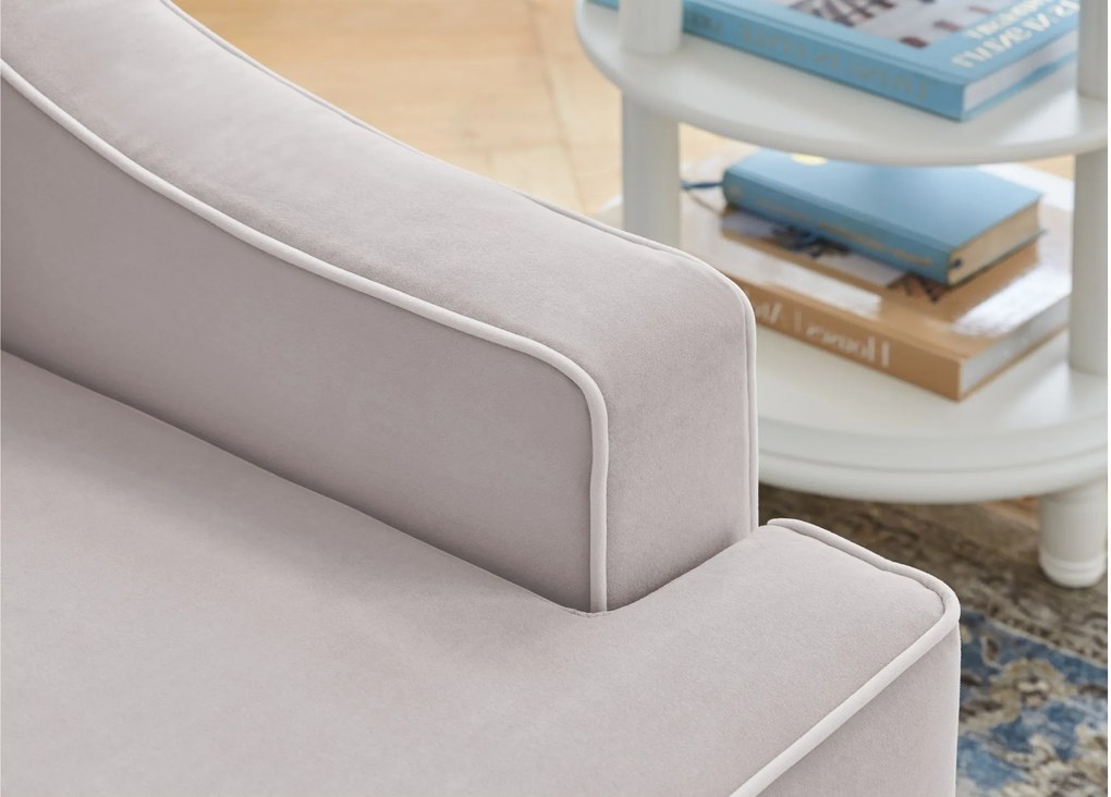 Narożnik rozkładany do salonu Notting Hill, z pojemnikami na pościel. Tkanina Matt Velvet odporna na wchłanianie płynów, kolor beżowy, błękitny, z kedrą.