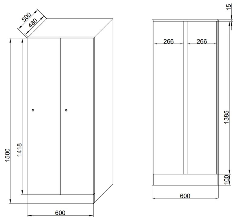 Szafka ubraniowa obniżona, 2-drzwiowa, 1500 x 600 x 500 mm, zamek obrotowy, drzwi zielone