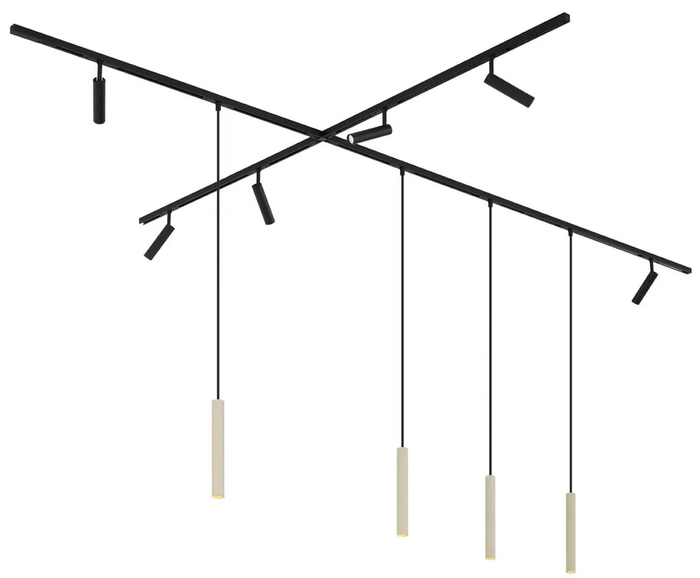 Nowoczesny system oświetleniowy szynowy z 6 reflektorami i 4 lampami wiszącymi, beżowy z czarnym, 1-fazowy - Slimline Uzzy Keno