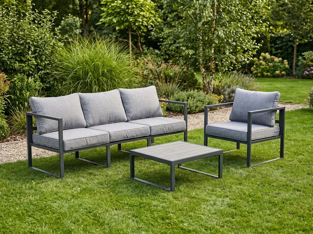 Zestaw Mebli Ogrodowych (Duża 3os. sofa, fotel i stolik) MOSTRARE szary, aluminium
