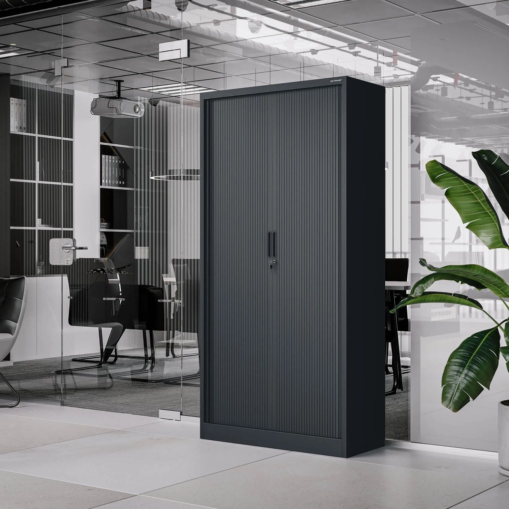 Metalowa szafa biurowa na akta z roletą DAMIAN, 900 x 1850 x 450 mm, antracytowa