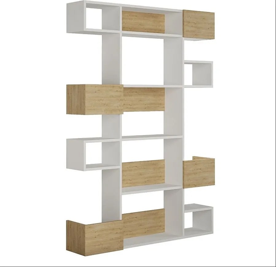 Nowoczesny skandynawski regał na książki – 120 x 171 x 27 cm – biały i dąb – 100% płyta MDF z powłoką melaminową