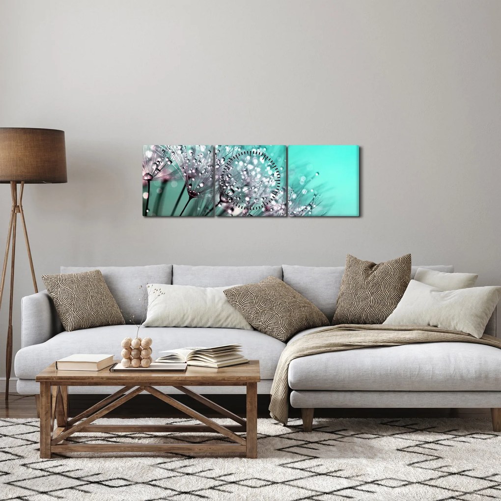 Obraz - zroszona roślina (z zegarem) (90x30 cm)
