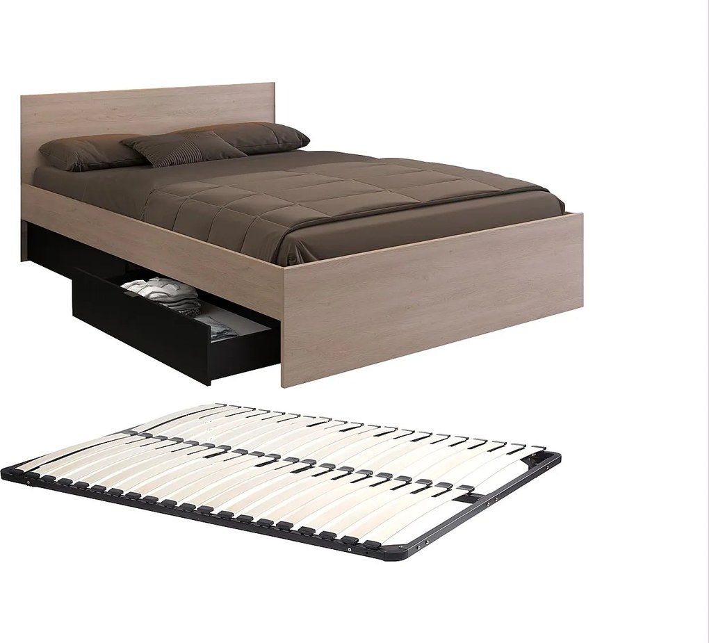 Łóżko z 4 szufladami 140 x 190 cm - Kolor: Naturalny i czarny + Stelaż - VELONA