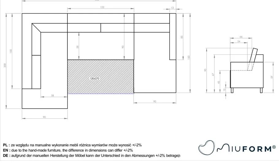 Pudroworóżowa rozkładana sofa w kształcie litery "U" Miuform Charming Charlie, prawostronna