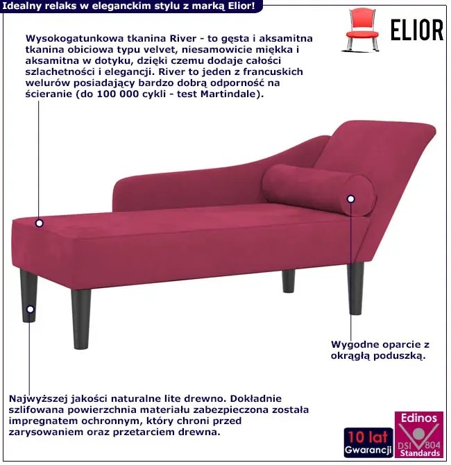 Bordowy leżanka szezlong na drewnianych nóżkach K9-L15