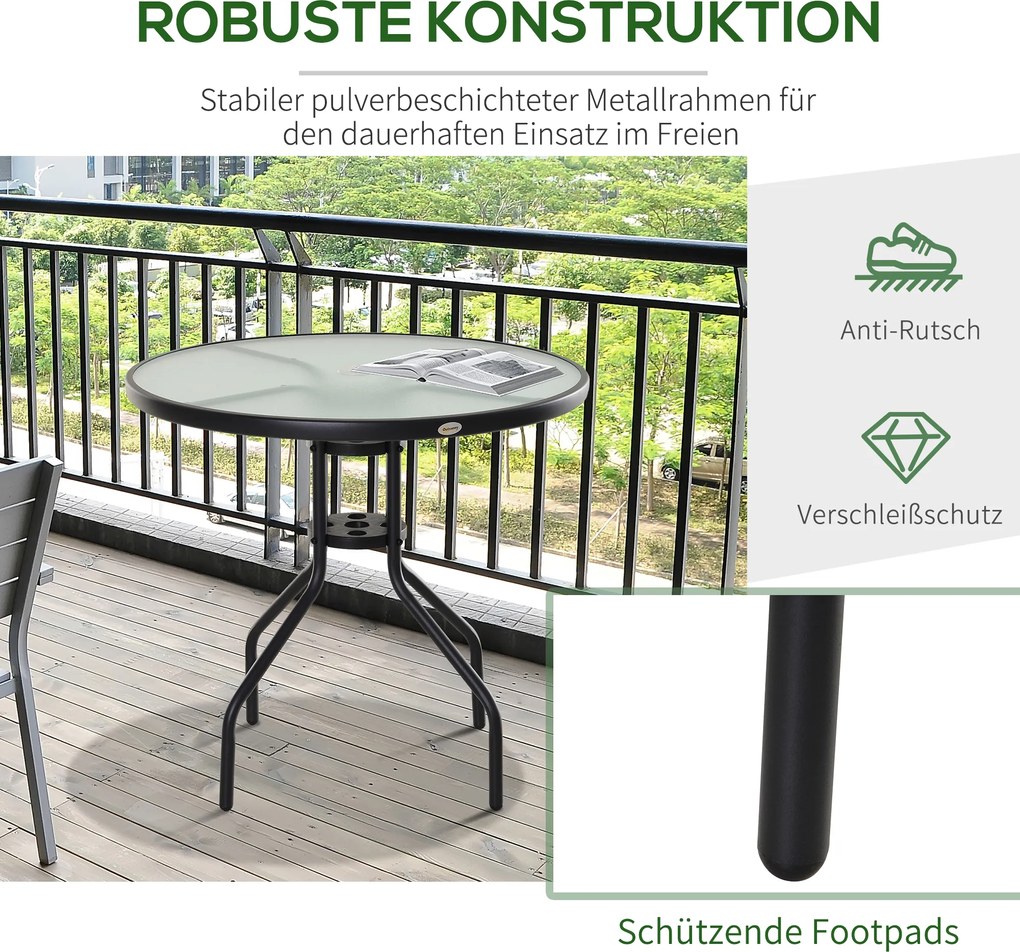 Outsunny® stół ogrodowy balkonowy bistro meble ogrodowe otwór na parasol szkło hartowane + metal czarny ø80 x 72 cm