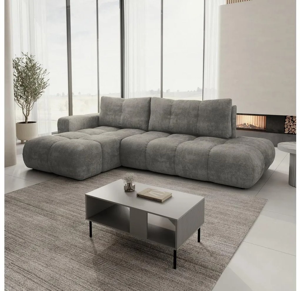 Rozkładany narożnik tapicerowany ALMADA z pojemnikiem na pościel, lewy, w kształcie L, szary