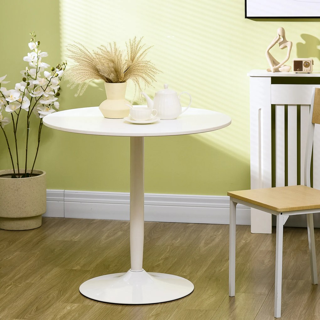 HOMCOM Stół Jadalny dla 2 Osób, Okrągły Blat Ø80 cm, MDF i Stal, Antypoślizgowy, Biały, 75H cm