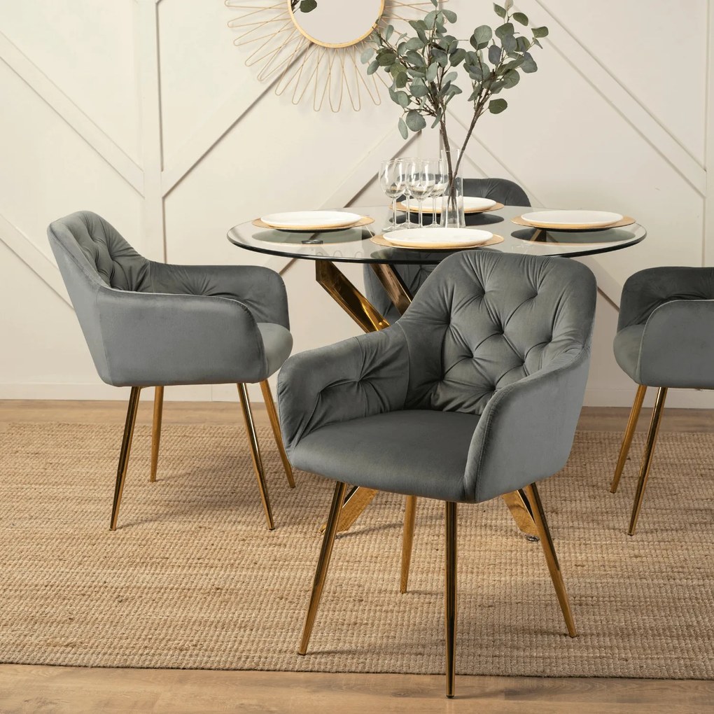 Zestaw Stół Okrągły SALLO 110 cm i 4 Krzesła Tapicerowane RAYA Szare Glamour