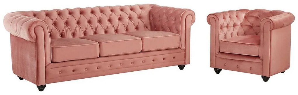 Kanapa 3-osobowa i fotel CHESTERFIELD - Pasteloworóżowy welur