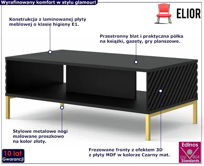 Ława kawowa glamour czarny mat + złote nóżki - Resa 8X
