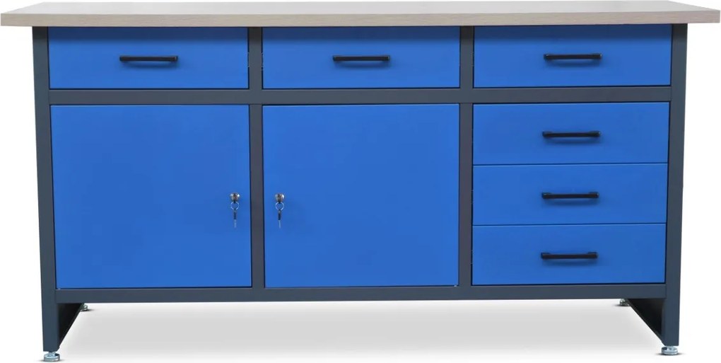 Duży stół warsztatowy z szafkami i szufladami Henry antracytowo-niebieski