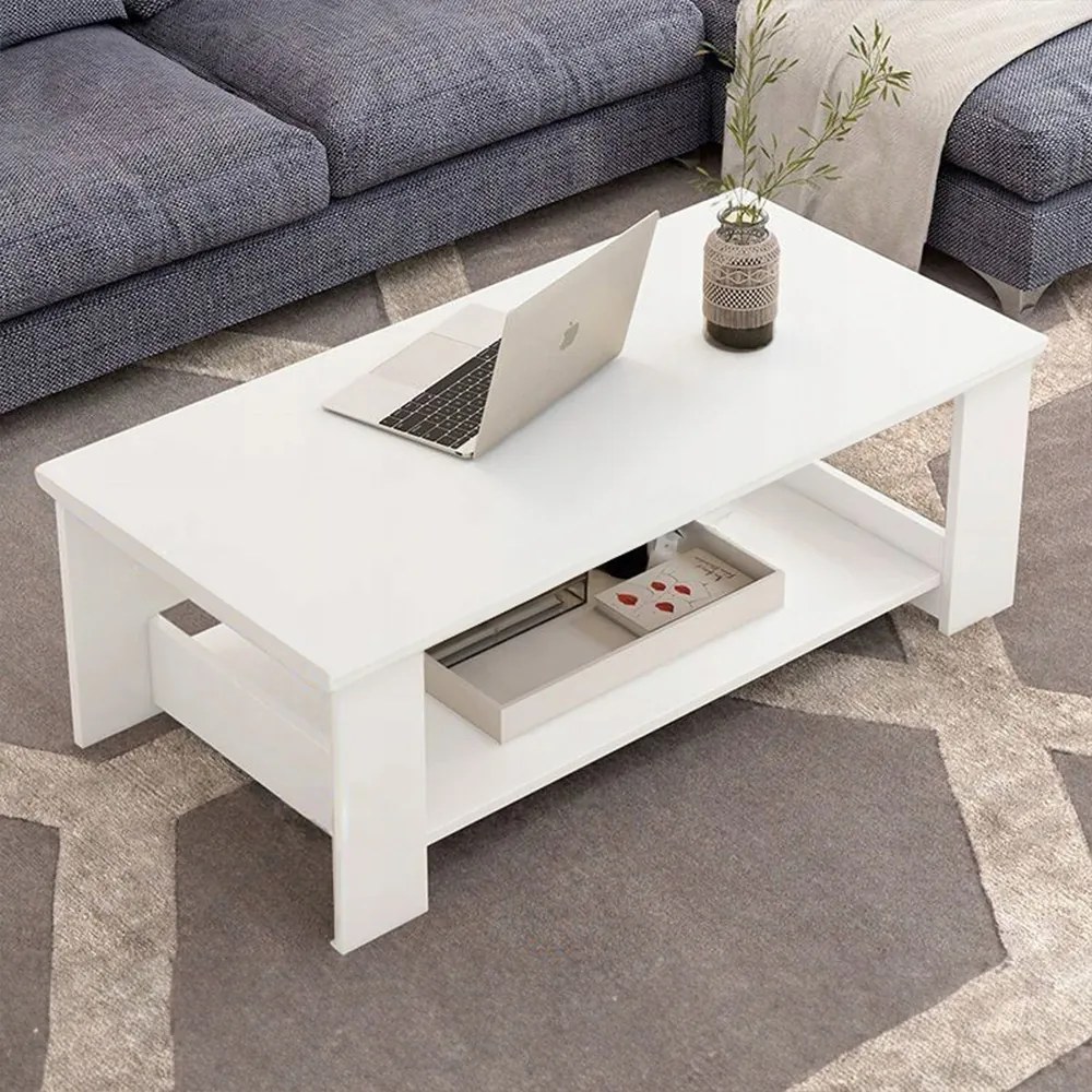 Biały stolik kawowy 100x50x42 cm – z praktyczną półką, nowoczesny design