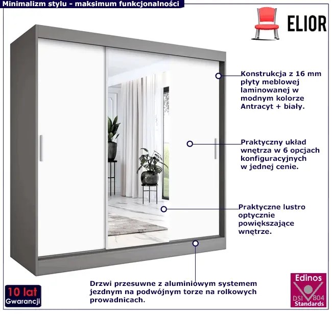 Szafa przesuwna antracyt + biały 200 cm - Massi 6X
