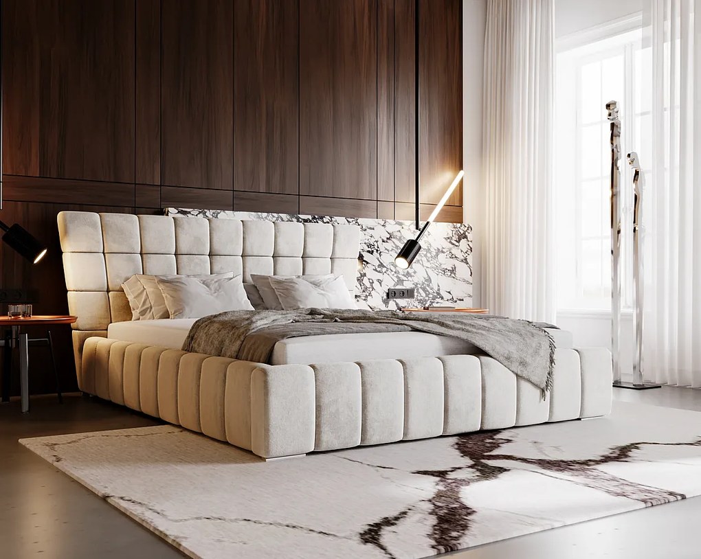 Emporius Deluxe łóżko tapicerowane 180x200 cm - łóżko przeszywane w nowoczesnym stylu - pojemnik i stelaż, tkanina aksamitna, wanilia (Magic Velvet 2201)