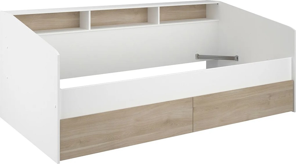 Łóżko 90 x 190/200 cm ze skrzynią i - Biały i naturalny + Stelaż - PAULETTE