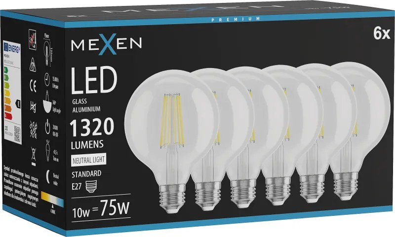Mexen Vintis 6x żarówka filament LED E27, G95, 10W, Neutralna - 4000K, 1320 lm, clear - L157-E27-1040-00x06