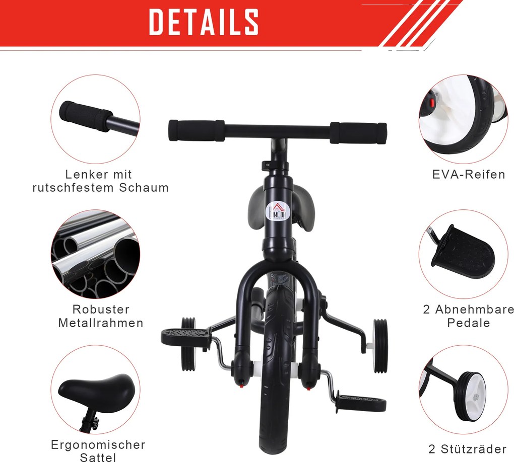 HOMCOM Rowerek Biegowy 2 w 1 Dla Dzieci Z Kółkami Podporowymi i Pedałami 2-5 Lat PP Czarny | Aosom PL