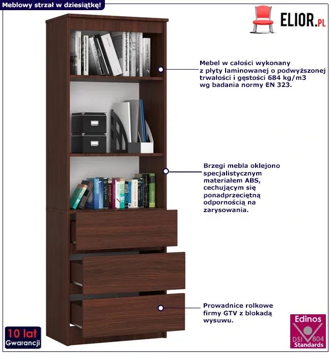 Minimalistyczny regał z trzema szufladami wenge L4-L44