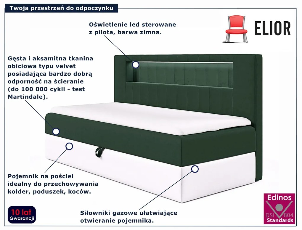 Ciemnozielone jednoosobowe łóżko kontynentalne LED 3 rozmiary C4-F77