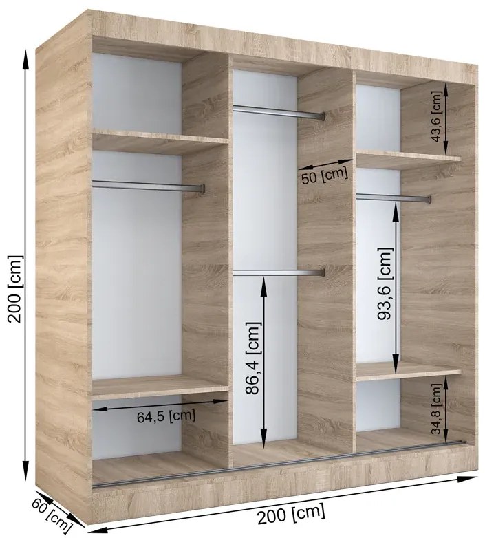 Szafa przesuwna antracyt + dąb sonoma 200 cm - Livia 6X