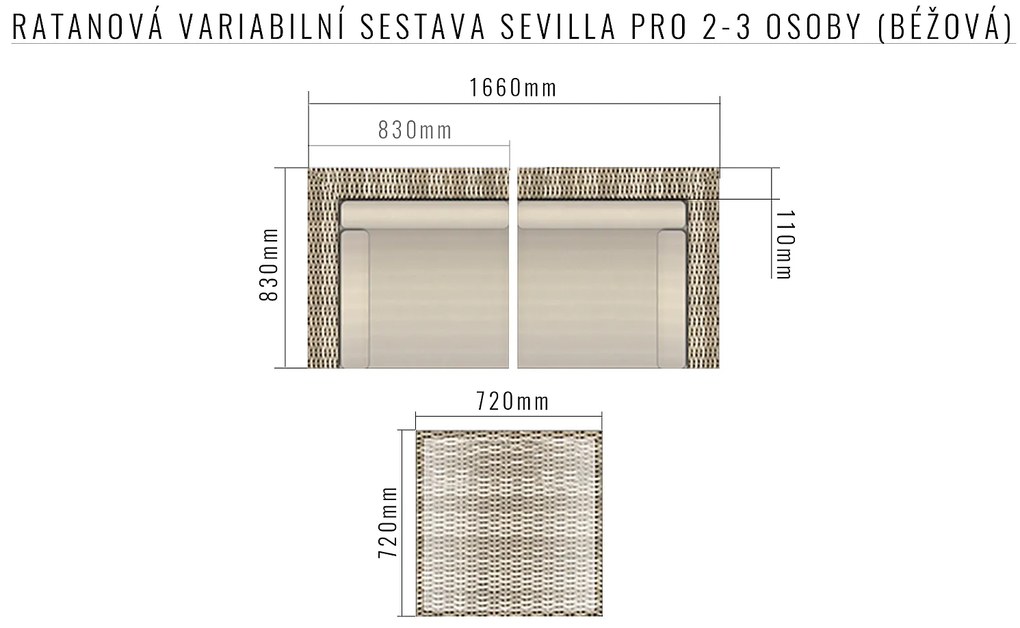 Rattanowy zestaw regulowany SEVILLA dla 2-3 osób (beżowy)