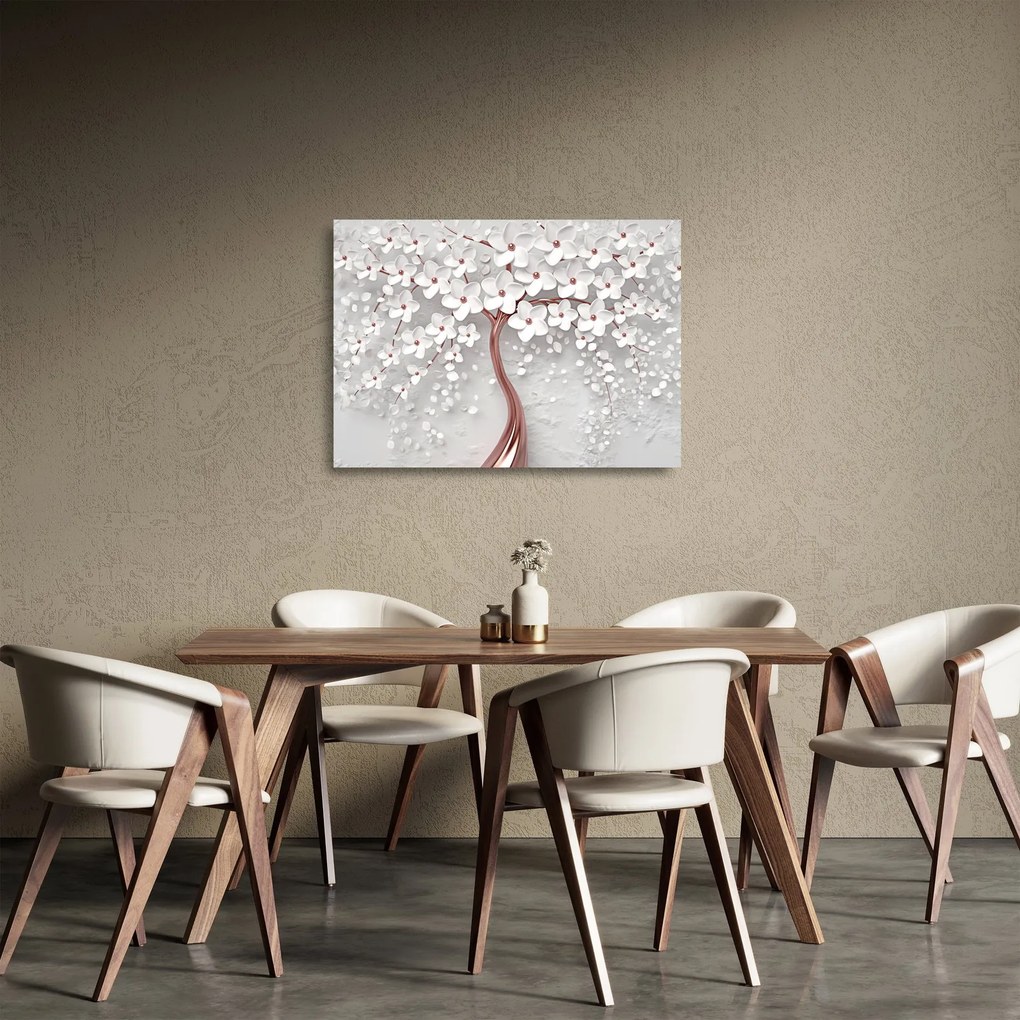 Obraz na szkle - Obraz na szkle białego drzewa z kwiatami, rosegold (70x50 cm)