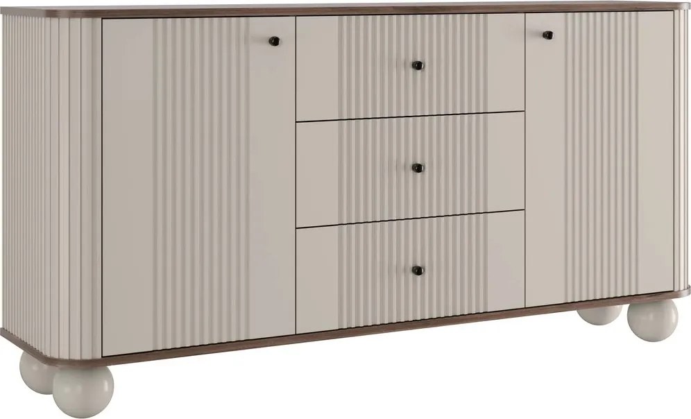 Komoda Vesper 160 cm z szufladami na kulach - kaszmir / orzech / czarne uchwyty / nogi kule