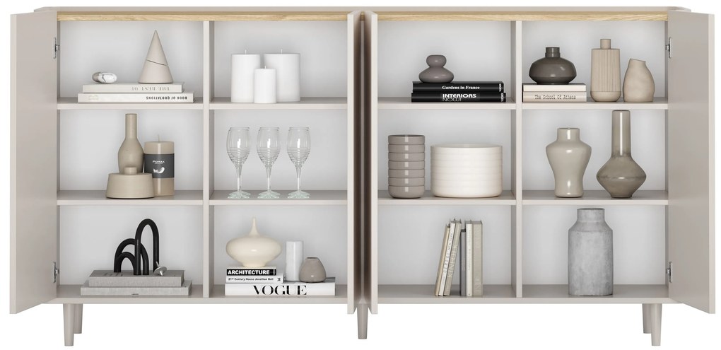 Komoda Elivo 200 cm czterodrzwiowa na nóżkach - kaszmir / dąb olejowany