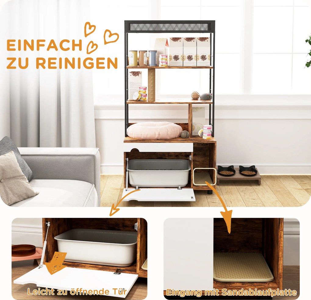 PawHut Szafka na Kuwetę z Regałem o Trzech Poziomach i Drapakiem, Zamknięta Kuweta, 80 x 48 x 152 cm, Brąz