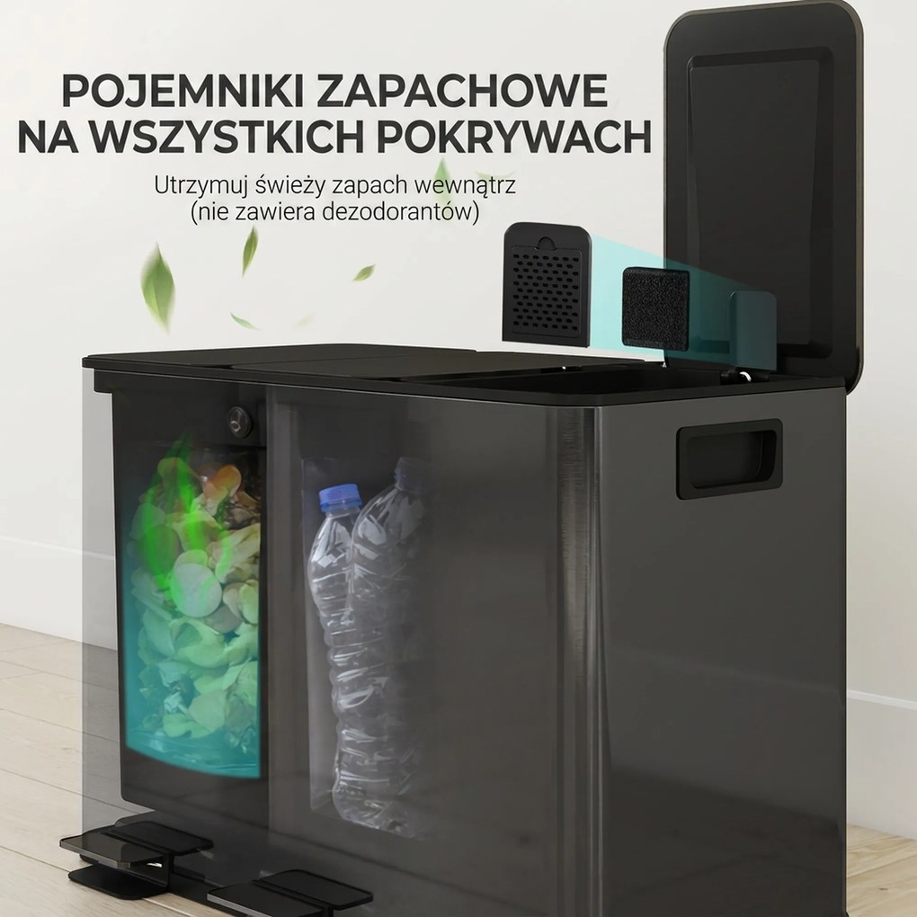 HOMCOM Kosz na śmieci z 3 x 20 L komorami, pokrywami dezodorantowymi, odporny na odciski palców, soft-close, wyjmowany, czarny