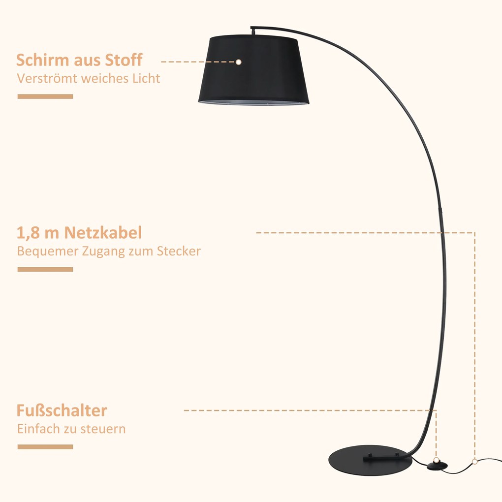 HOMCOM Lampa Stojąca z Abażurem z Tkaniny, Łukowa Lampa Podłogowa z Okrągłą Podstawą, Metal, 105L x 47S x 190W cm, Czarna