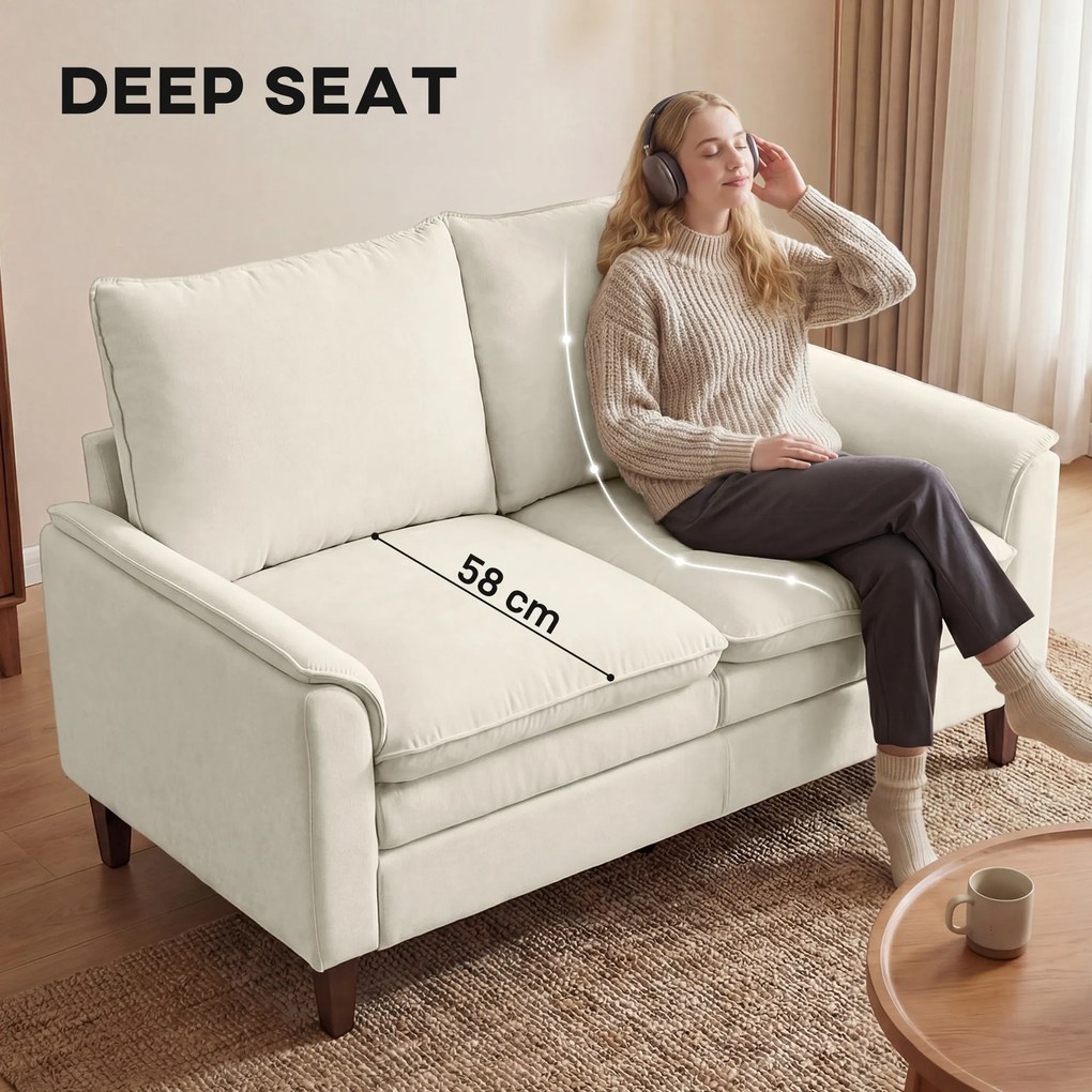 HOMCOM 146 cm dwuosobowa sofa, sofa z chenille, dwuwarstwowe tapicerowanie, poduszki sprężynowe, głębokie siedzisko, wysokie oparcie, kremowa | Aosom PL