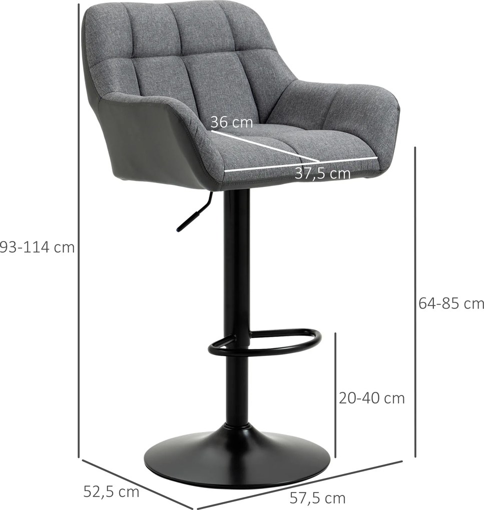 HOMCOM Zestaw 2 stołków barowych retro regulowana wysokość szare skórzane z czarnymi nogami | Aosom PL