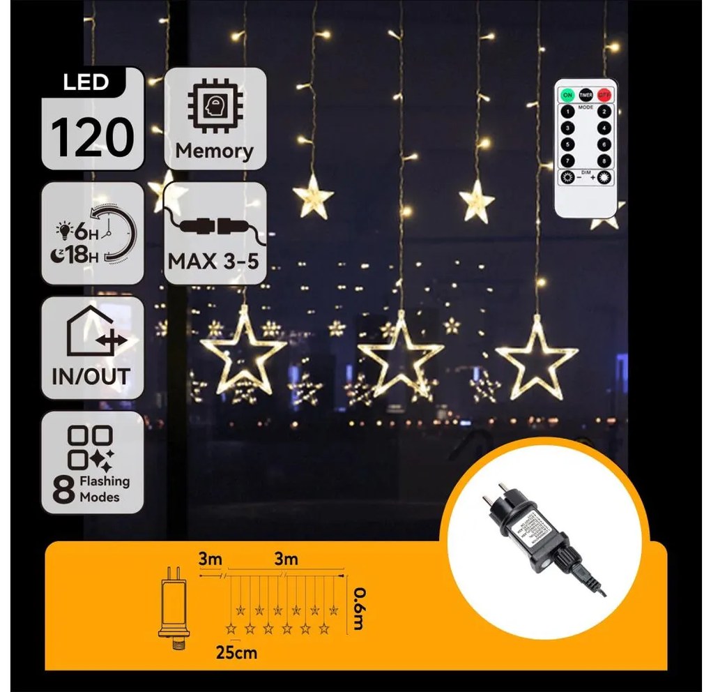 Aigostar - LED zewnętrzny łańcuch świąteczny 120xLED/6W/230V/8 trybów 3x0,6m IP44 ciepła biała + pilot