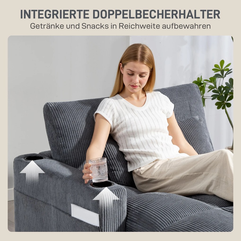 HOMCOM Sofa-łóżko z poduszką, piankowe, rozkładane, uchwyt na kubek, szary