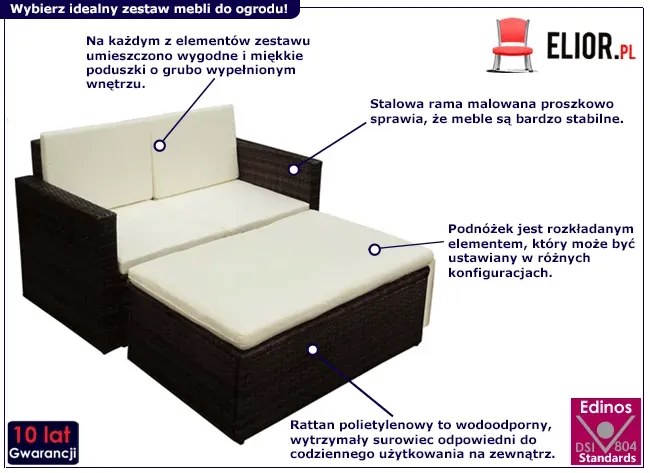 2-cz. brązowy komplet rattanowy do ogrodu – Ugis