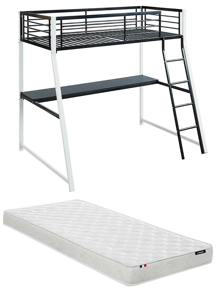 Łóżko antresola MALICIA - miejsce do spania 90 × 190 - Wbudowane biurko - kolor czarny i biały + materac 90 × 190