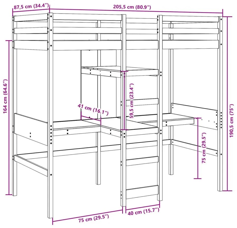 Drewniane brązowe łóżko piętrowe z biurkiem na dole 80x200 L9-K87