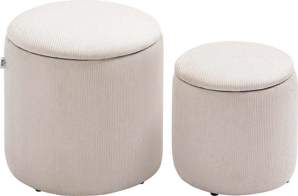 HOMCOM Pufy z Przestrzenią do Przechowywania, Zestaw 2 Sztuk, Miękkie Wyściełanie, Obicie w Prążki, Kremowe, 40 x 41cm