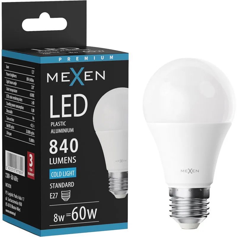 Mexen Nova żarówka LED E27, A60, 8W, Zimna - 6500K, 840 lm - L100-E27-0865-01