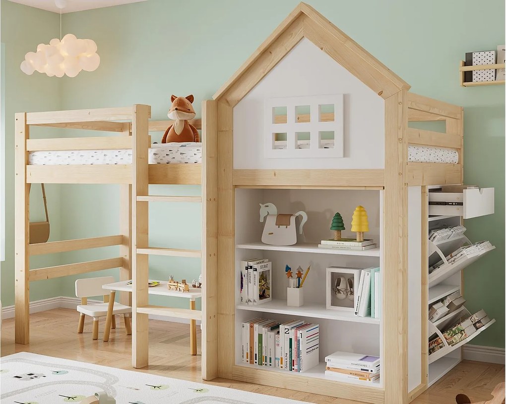 Łóżko na antresoli 90x200 cm - z 1 szufladą i półką na książeczki z obrazkami - z przegródką do przechowywania - Biały+Naturalny​ (bez materaca)